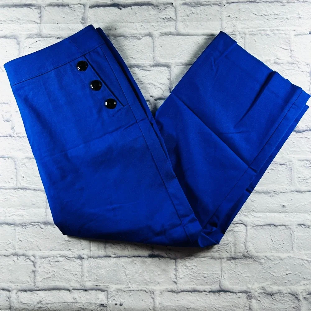 Loft Outlet Women Blue Wide Leg Sailor Pants Side Button Size 10 Nautical Casual - Picture 1 of 11